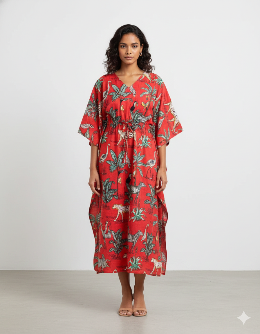 Hand Block Print Cotton Kaftan - Green Jungle Safari Long Maxi Dress, Soft Loungewear