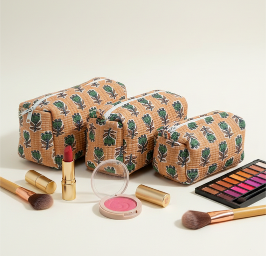 Set Of 3 Makeup Bag, Jaipur Butti Floral Block Print Cotton Travel Case, Quilted Cosmetic Storage Bag Set