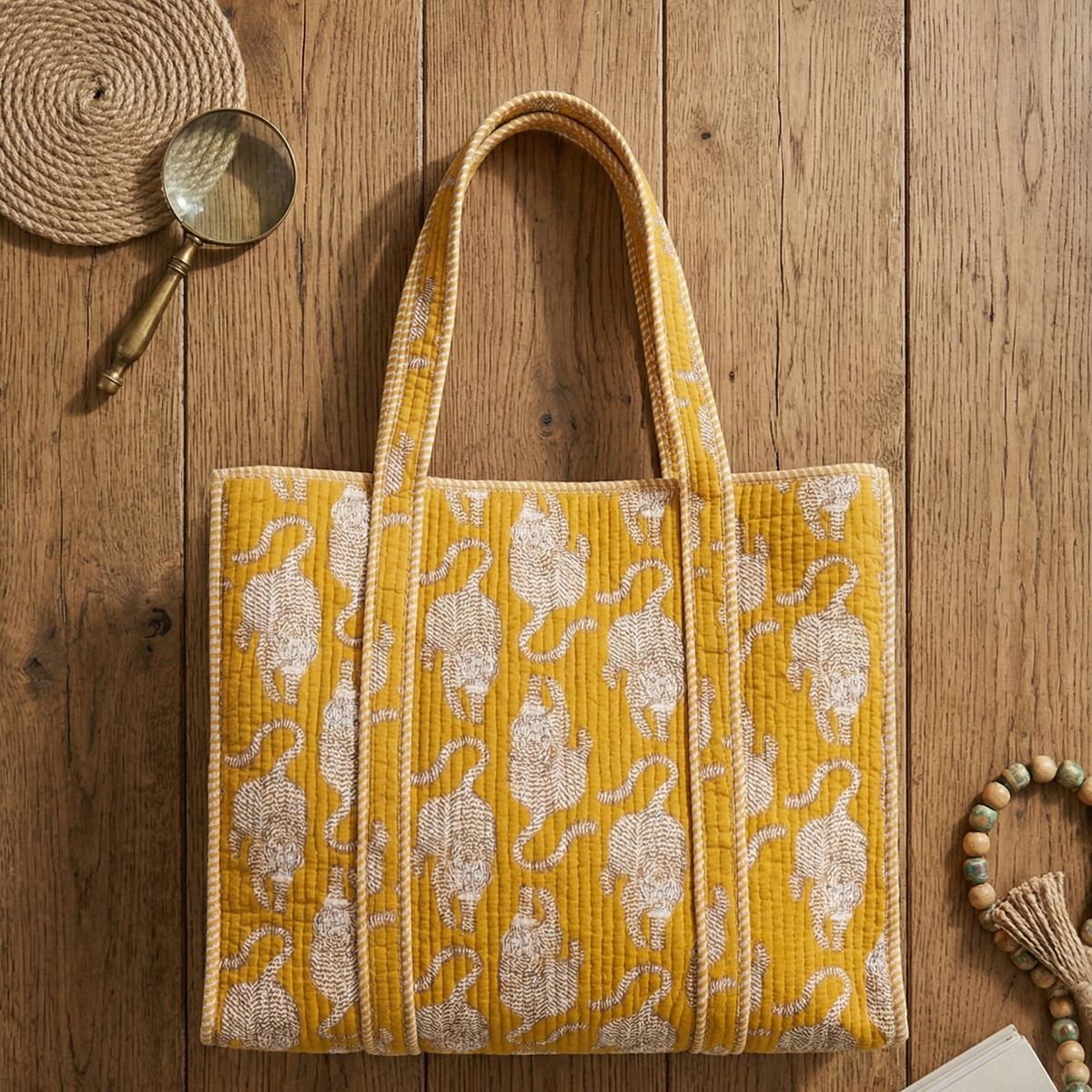 Handmade Yellow Tiger Print Quilted Cotton Tote Bag, Indian Hand Block Print Boho Shoulder Bag, Animal Print Travel Shopping Beach Bag