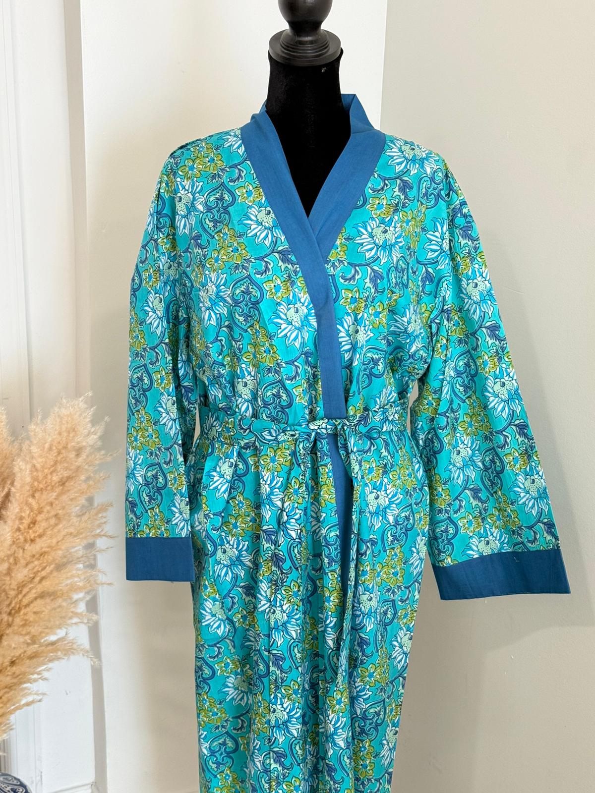 Handcrafted Block Print Cotton Kimono Robe | Turquoise & Blue Floral Botanical Lounge Robe | Spa & Sleepwear