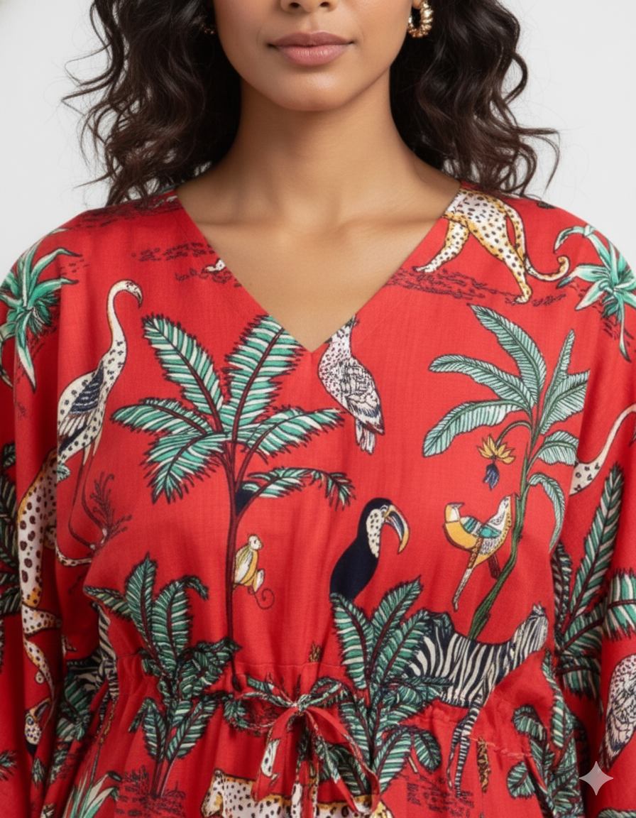 Hand Block Print Cotton Kaftan - Green Jungle Safari Long Maxi Dress, Soft Loungewear
