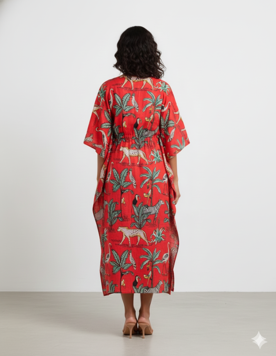 Hand Block Print Cotton Kaftan - Green Jungle Safari Long Maxi Dress, Soft Loungewear