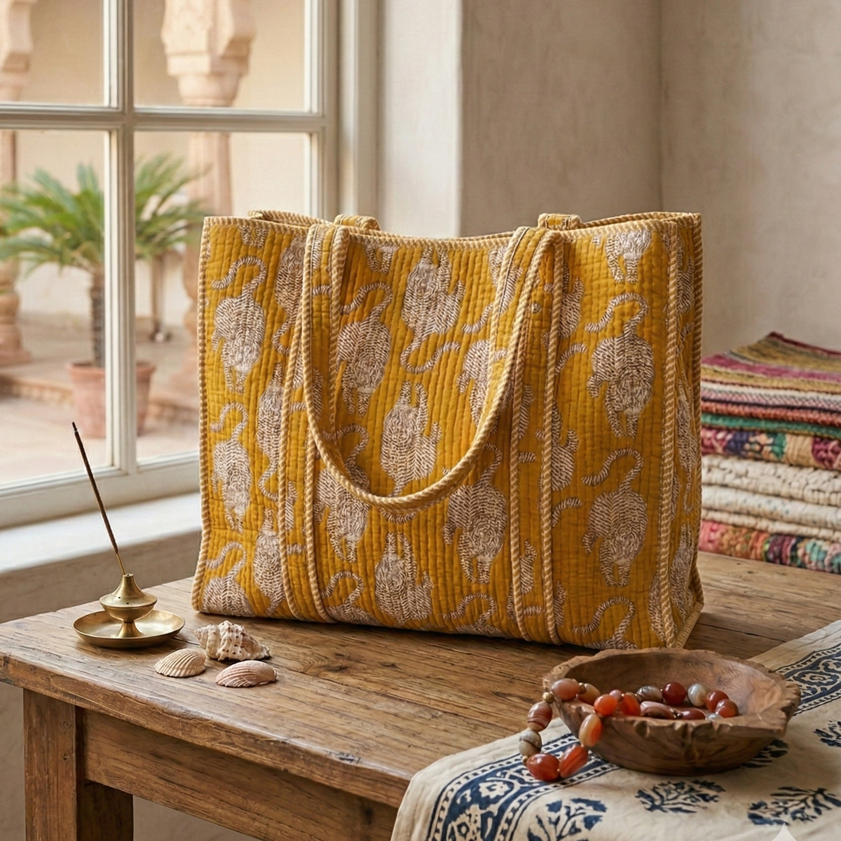 Handmade Yellow Tiger Print Quilted Cotton Tote Bag, Indian Hand Block Print Boho Shoulder Bag, Animal Print Travel Shopping Beach Bag