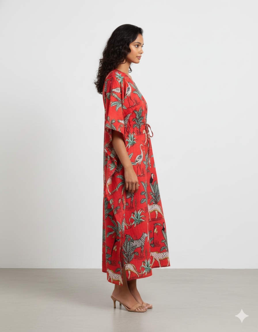Hand Block Print Cotton Kaftan - Green Jungle Safari Long Maxi Dress, Soft Loungewear