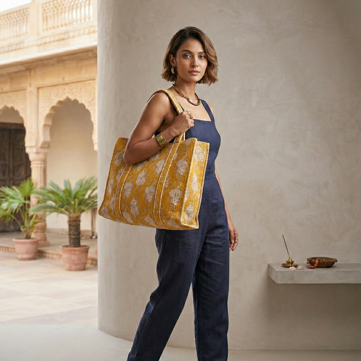 Handmade Yellow Tiger Print Quilted Cotton Tote Bag, Indian Hand Block Print Boho Shoulder Bag, Animal Print Travel Shopping Beach Bag