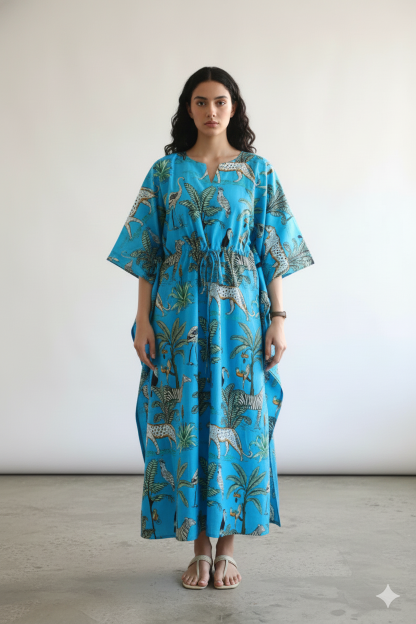 Hand Block Print Cotton Kaftan - Green Jungle Safari Long Maxi Dress, Soft Loungewear