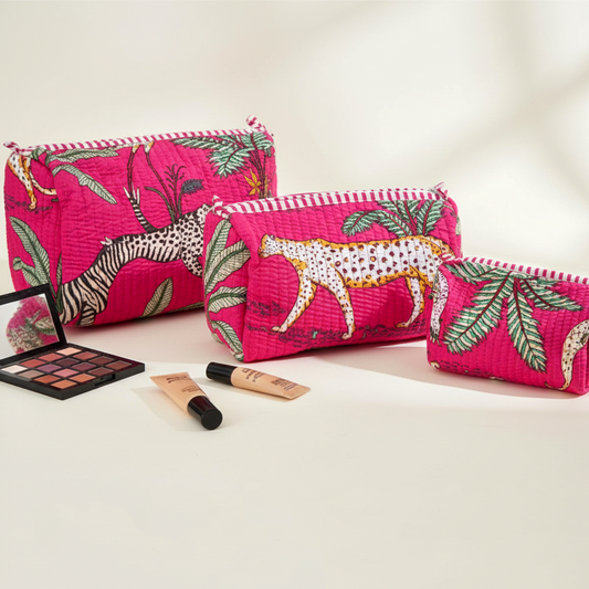 Set Of 3 Makeup Bag, Gulab Safari Animal Block Print Cotton Travel Case, Quilted Cosmetic Storage Bag Set