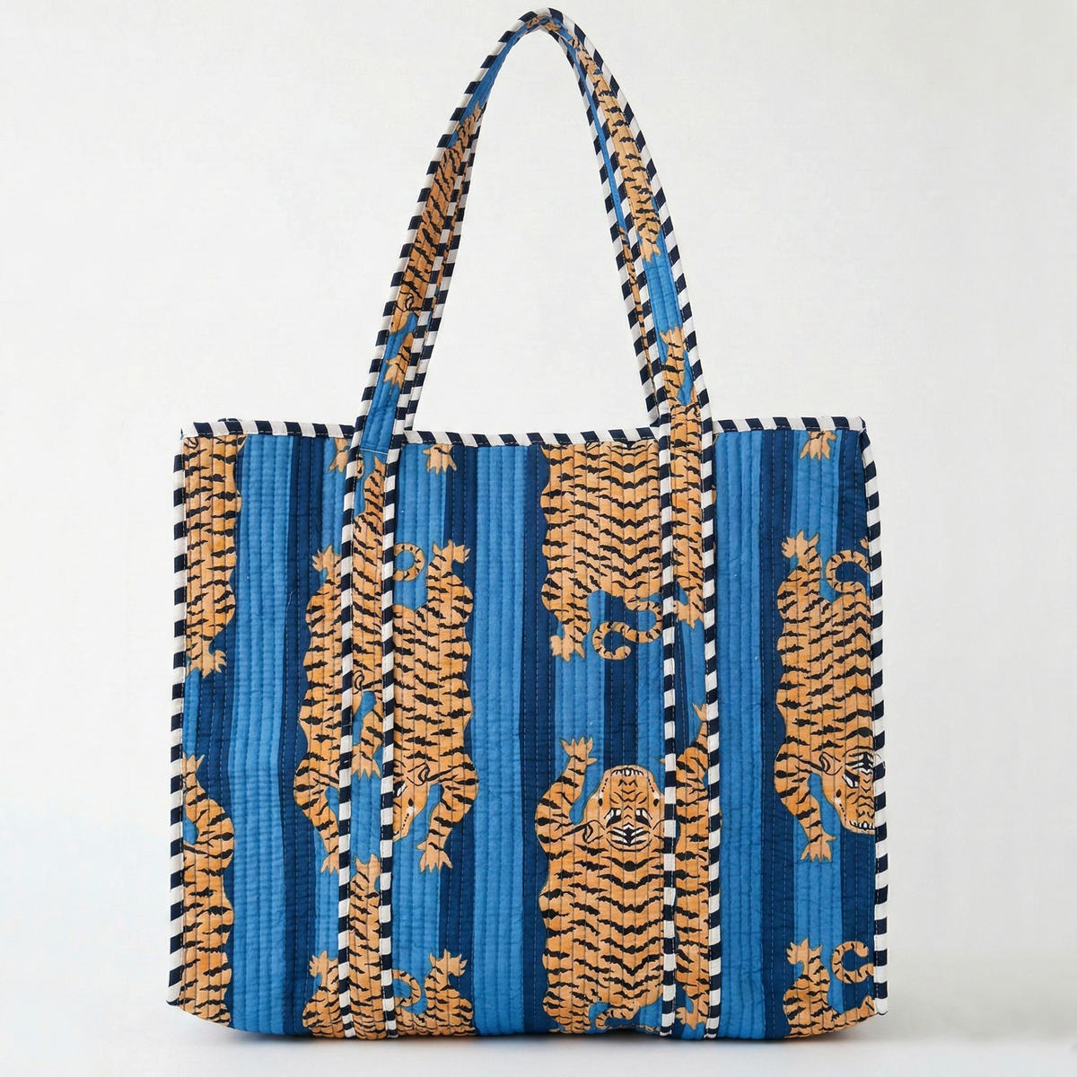 Handmade Blue Tiger Print Quilted Cotton Tote Bag, Indian Hand Block Print Boho Shoulder Bag, Animal Print Travel Shopping Beach Bag
