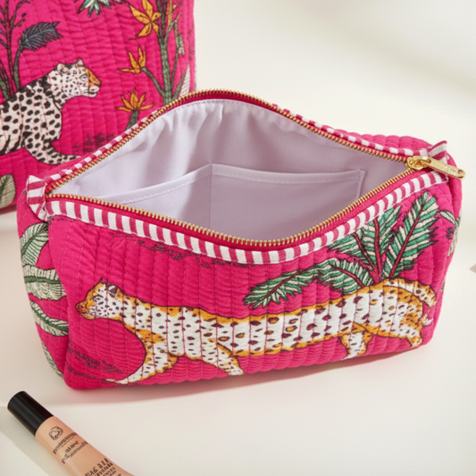 Set Of 3 Makeup Bag, Gulab Safari Animal Block Print Cotton Travel Case, Quilted Cosmetic Storage Bag Set