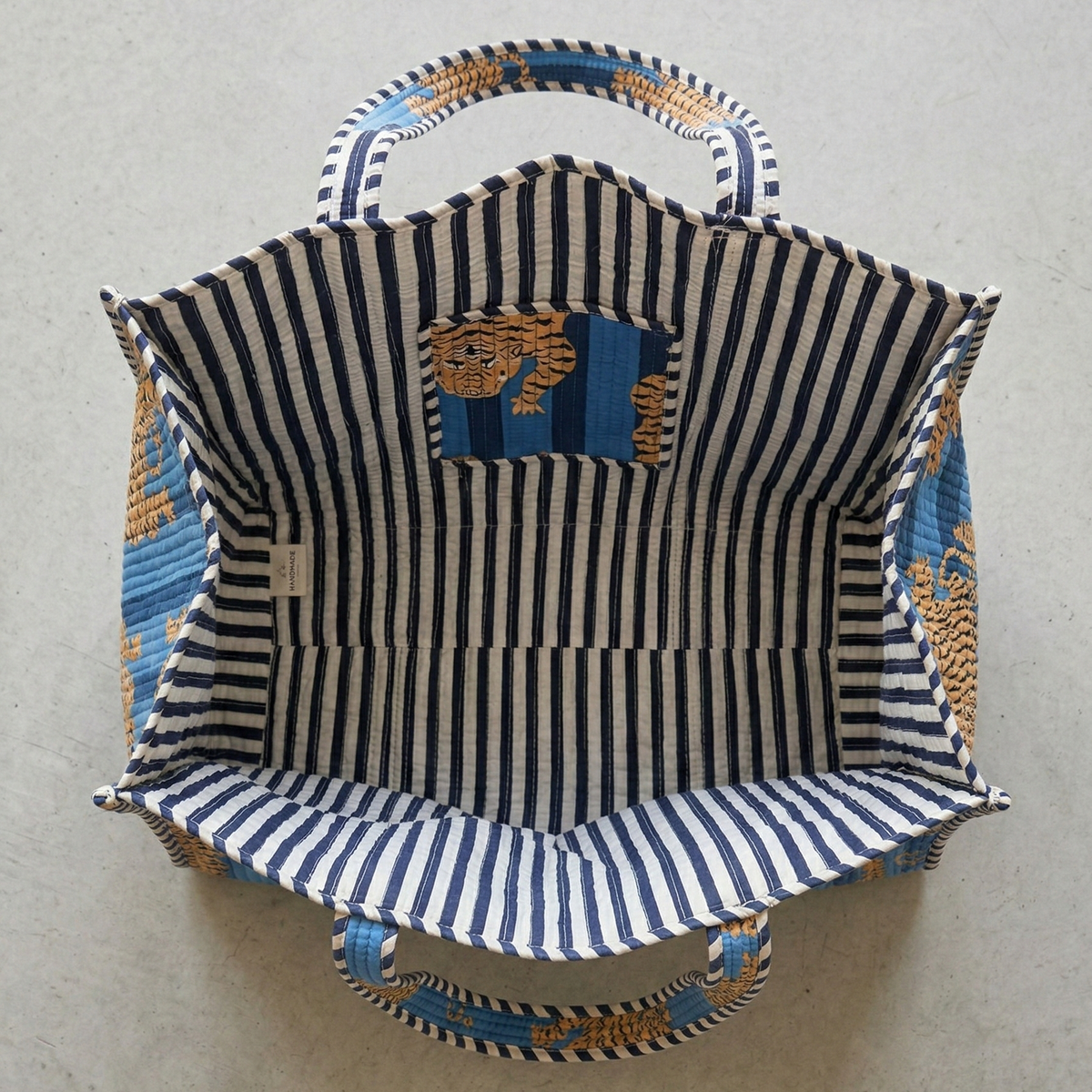 Handmade Blue Tiger Print Quilted Cotton Tote Bag, Indian Hand Block Print Boho Shoulder Bag, Animal Print Travel Shopping Beach Bag