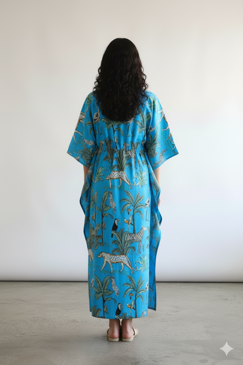 Hand Block Print Cotton Kaftan - Green Jungle Safari Long Maxi Dress, Soft Loungewear