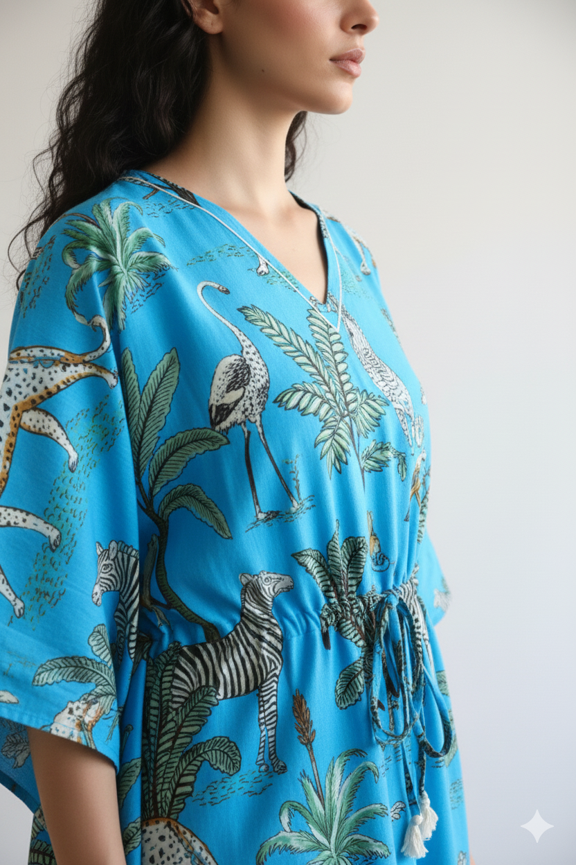 Hand Block Print Cotton Kaftan - Green Jungle Safari Long Maxi Dress, Soft Loungewear
