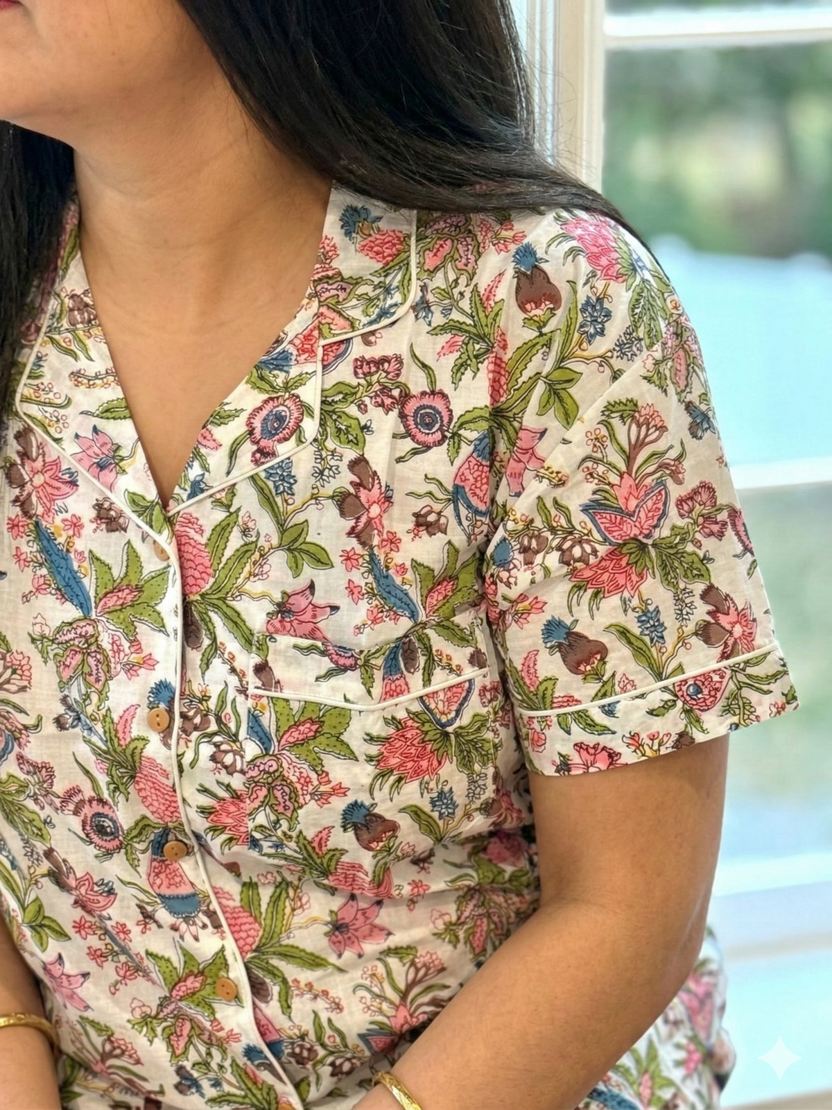 Pink & Green Floral Hand Block Print Cotton Pajama Set, Holiday Sleepwear &amp; Loungewear, Christmas Gift