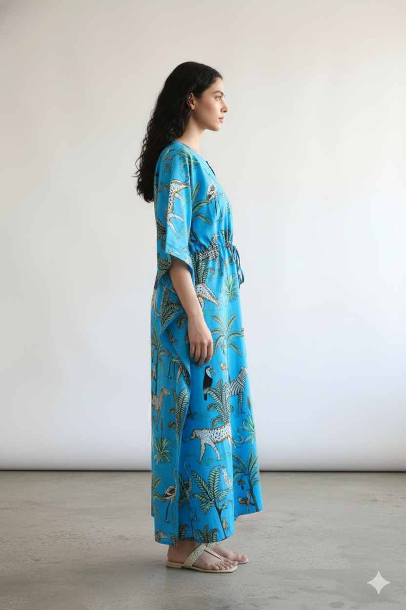 Hand Block Print Cotton Kaftan - Green Jungle Safari Long Maxi Dress, Soft Loungewear