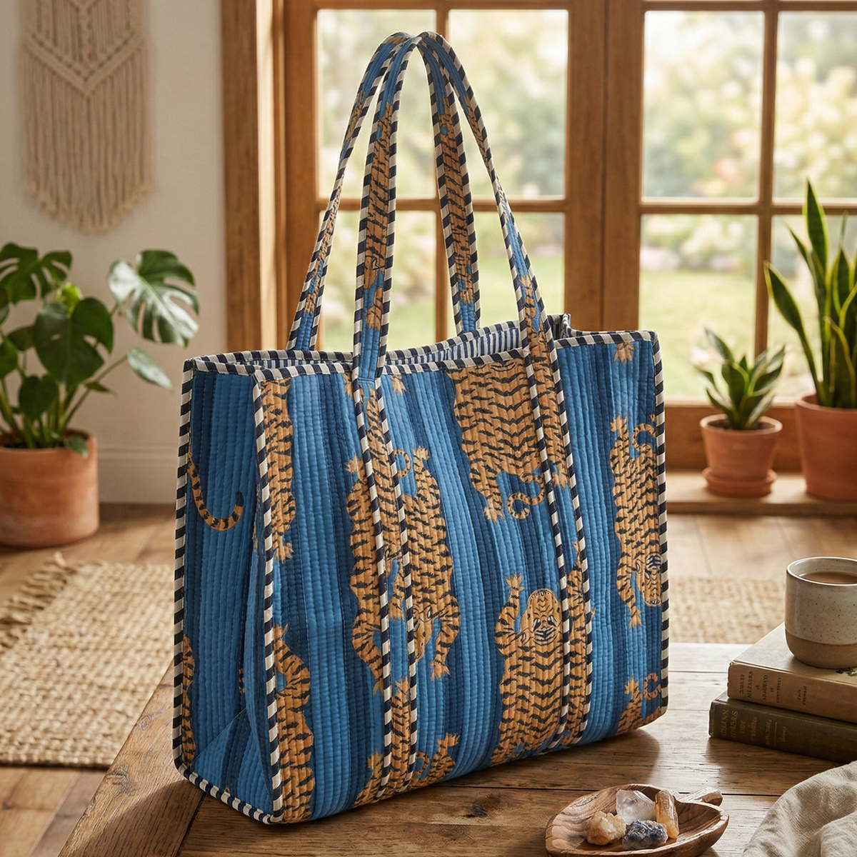 Handmade Blue Tiger Print Quilted Cotton Tote Bag, Indian Hand Block Print Boho Shoulder Bag, Animal Print Travel Shopping Beach Bag