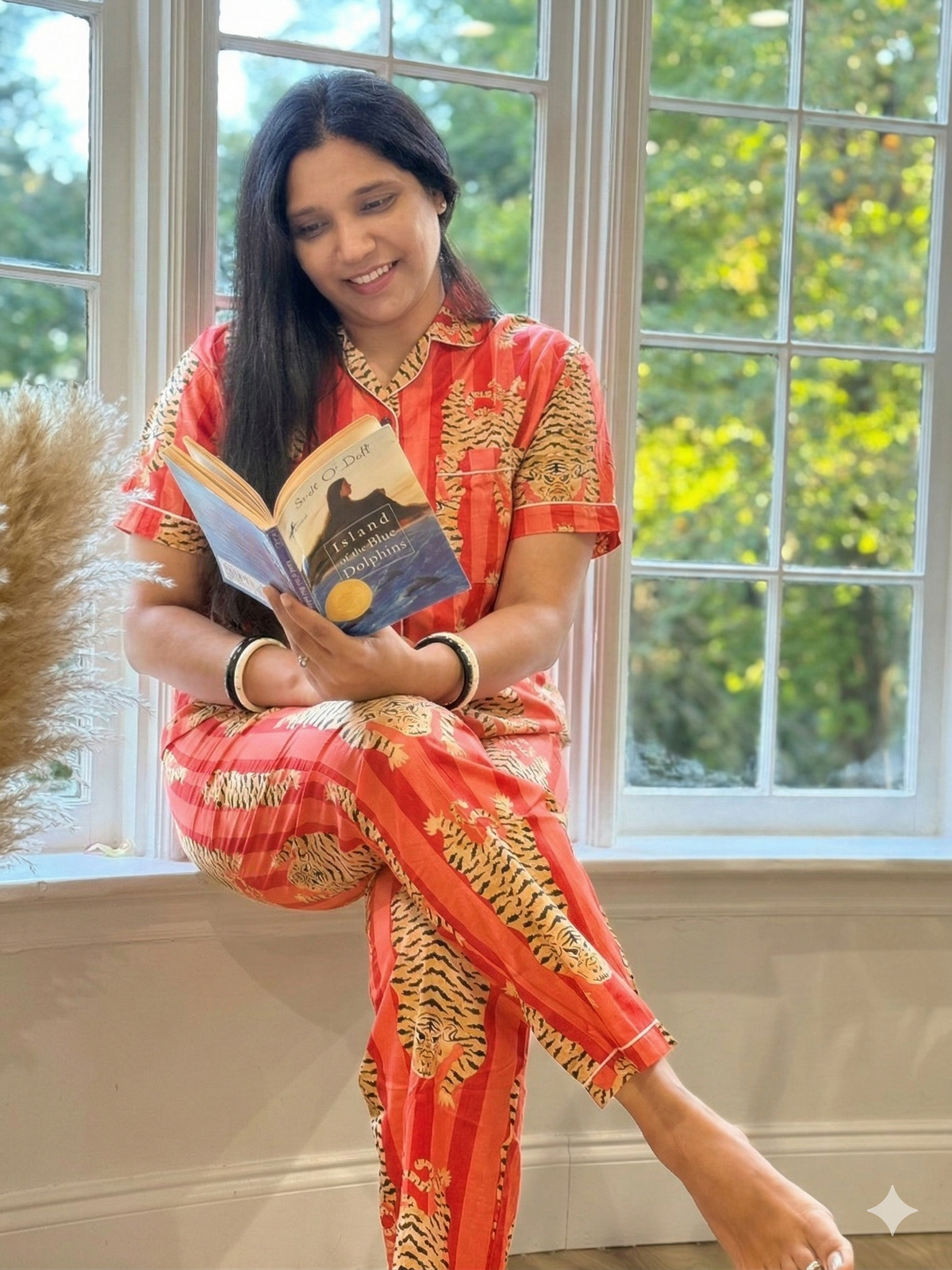 Orange & Pink Tiger Stripe Hand Block Print Cotton Pajama Set, Short Sleeve Nightwear & Loungewear, Christmas Gift for Her