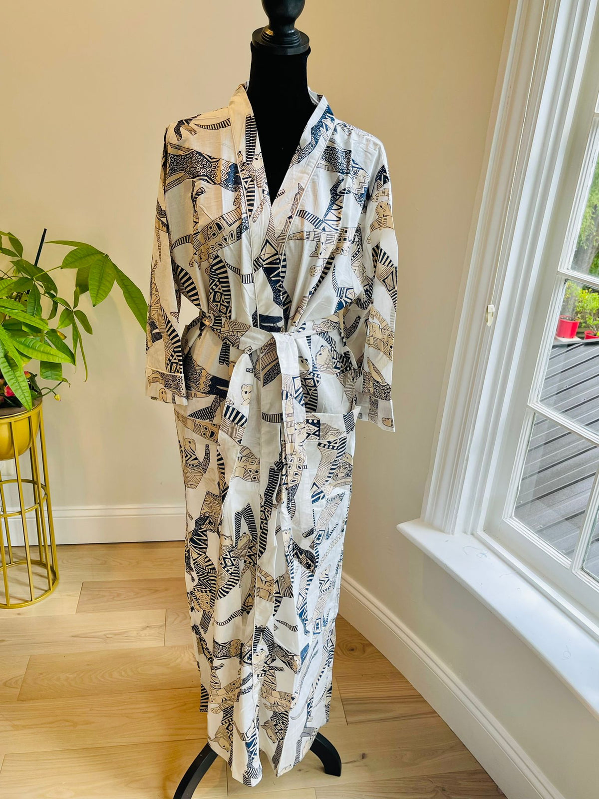 Handcrafted Block Print Cotton Kimono Robe | Navy Blue & Beige Abstract Animal Lounge Robe | Spa & Sleepwear