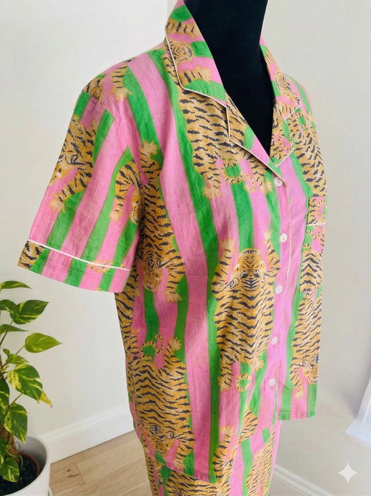 Pink & Green Tiger Stripe Hand Block Print Cotton Pajama Set, Holiday Sleepwear &amp; Loungewear, Christmas Gift
