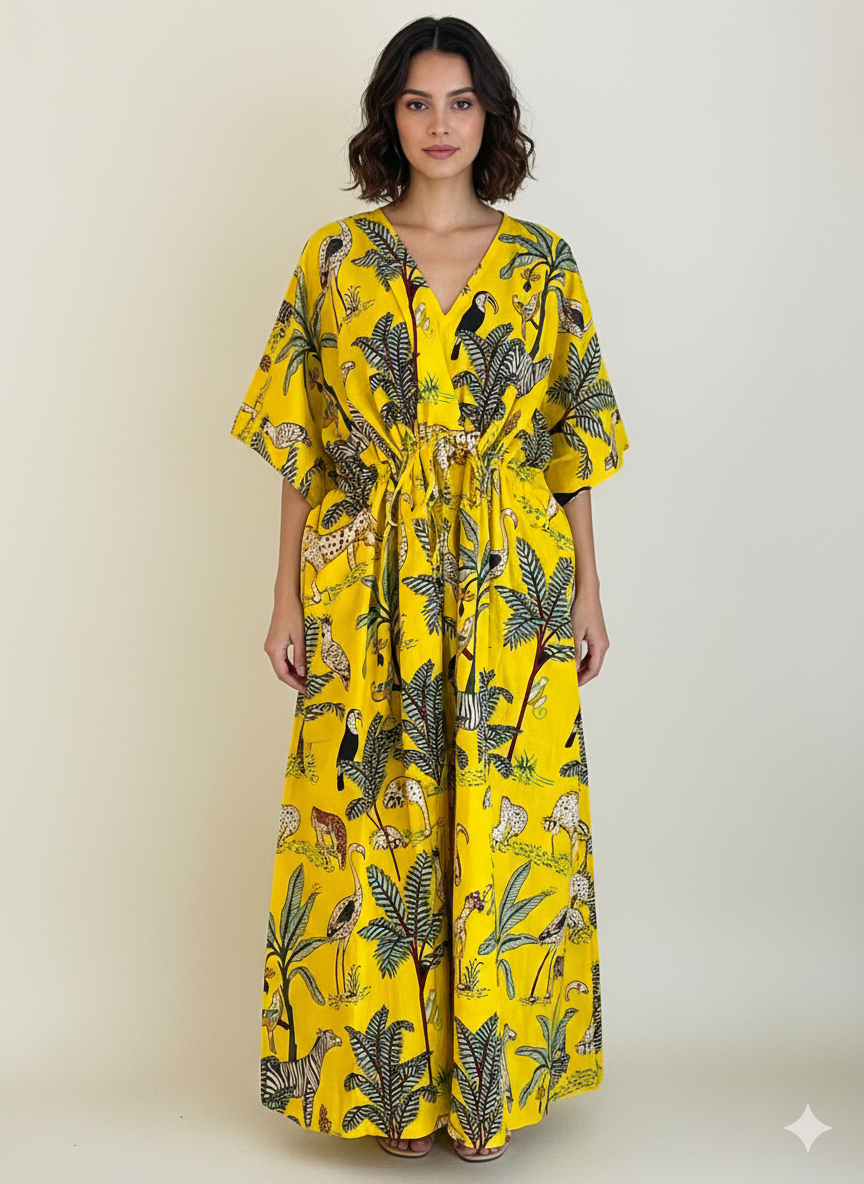 Hand Block Print Cotton Kaftan - Green Jungle Safari Long Maxi Dress, Soft Loungewear