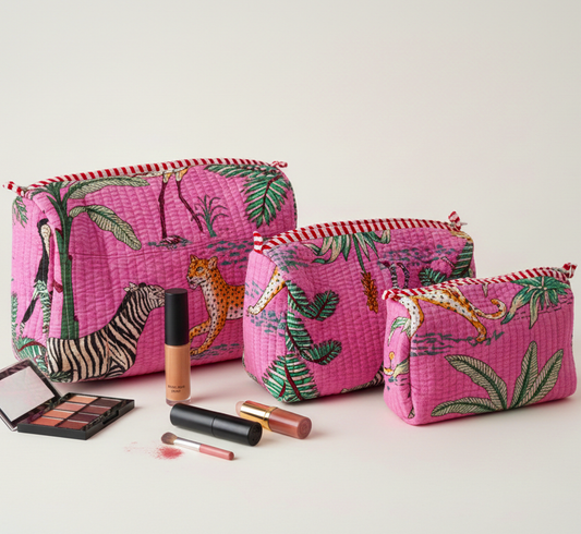 Set Of 3 Makeup Bag, Rani Safari Tropical Block Print Cotton Wash Kit, Quilted Travel Vanity Pouch