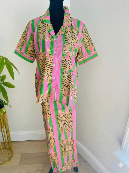 Pink & Green Tiger Stripe Hand Block Print Cotton Pajama Set, Holiday Sleepwear &amp; Loungewear, Christmas Gift