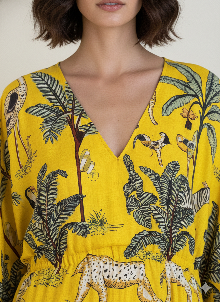 Hand Block Print Cotton Kaftan - Green Jungle Safari Long Maxi Dress, Soft Loungewear