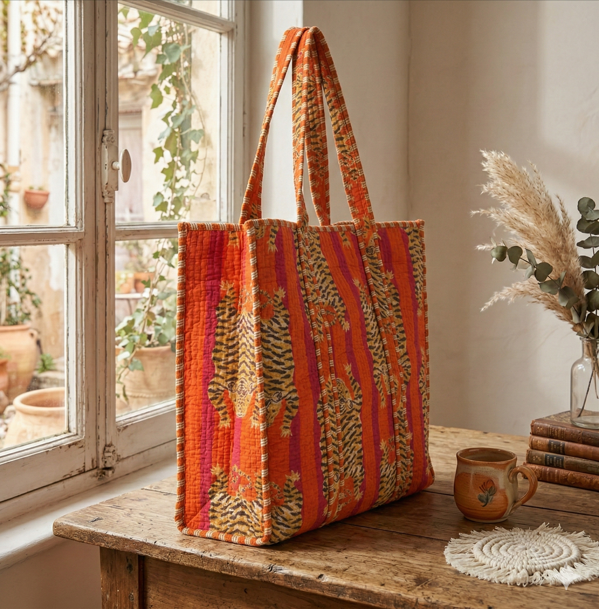 Handmade Blue Tiger Print Quilted Cotton Tote Bag, Indian Hand Block Print Boho Shoulder Bag, Animal Print Travel Shopping Beach Bag