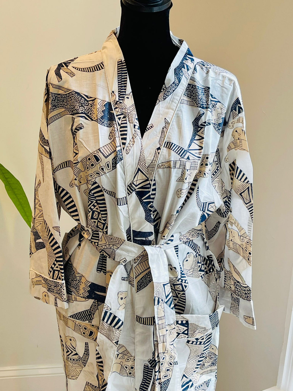Handcrafted Block Print Cotton Kimono Robe | Navy Blue & Beige Abstract Animal Lounge Robe | Spa & Sleepwear