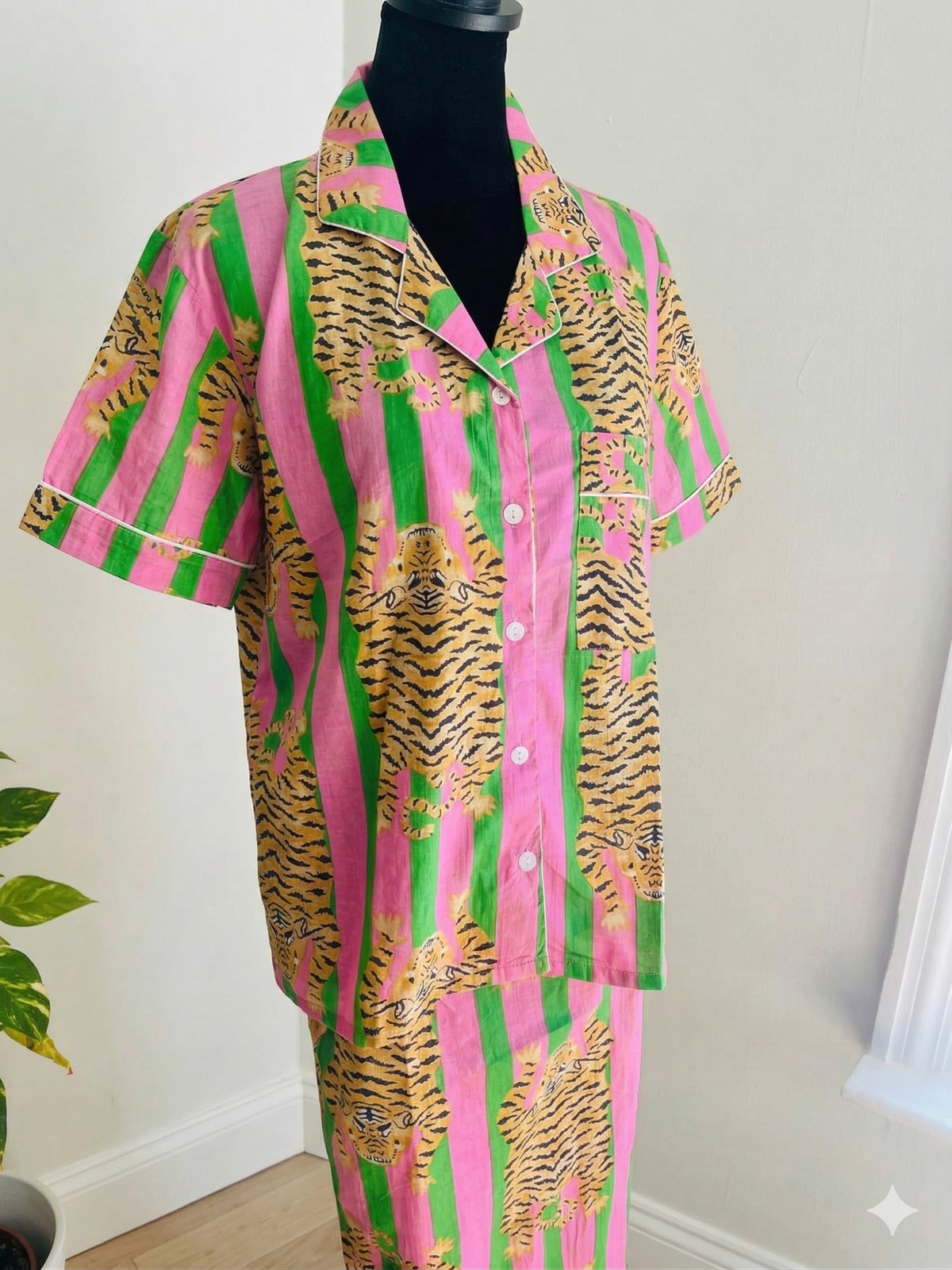 Orange & Pink Tiger Stripe Hand Block Print Cotton Pajama Set, Short Sleeve Nightwear & Loungewear, Christmas Gift for Her
