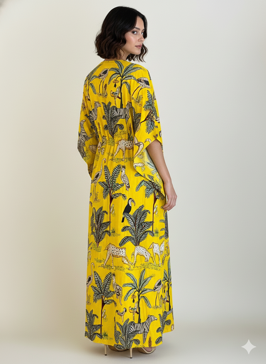 Hand Block Print Cotton Kaftan - Green Jungle Safari Long Maxi Dress, Soft Loungewear