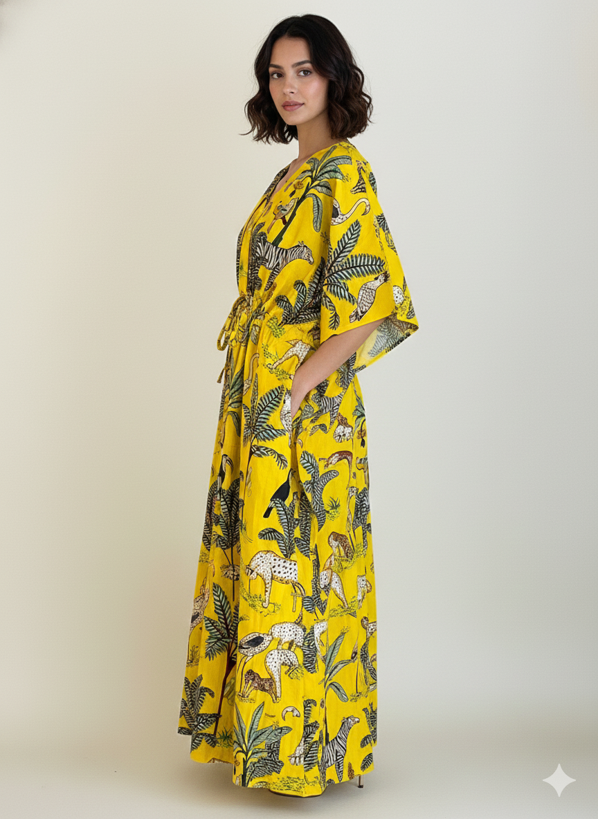 Hand Block Print Cotton Kaftan - Green Jungle Safari Long Maxi Dress, Soft Loungewear