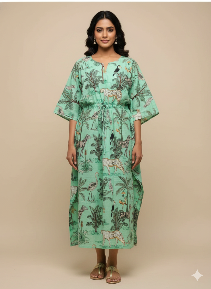 Hand Block Print Cotton Kaftan - Green Jungle Safari Long Maxi Dress, Soft Loungewear