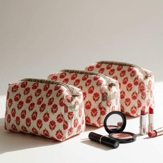 Set Of 3 Makeup Bag, Ivory Gulab Floral Block Print Cotton Storage Kit, Quilted Travel Vanity Cosmetic Bag