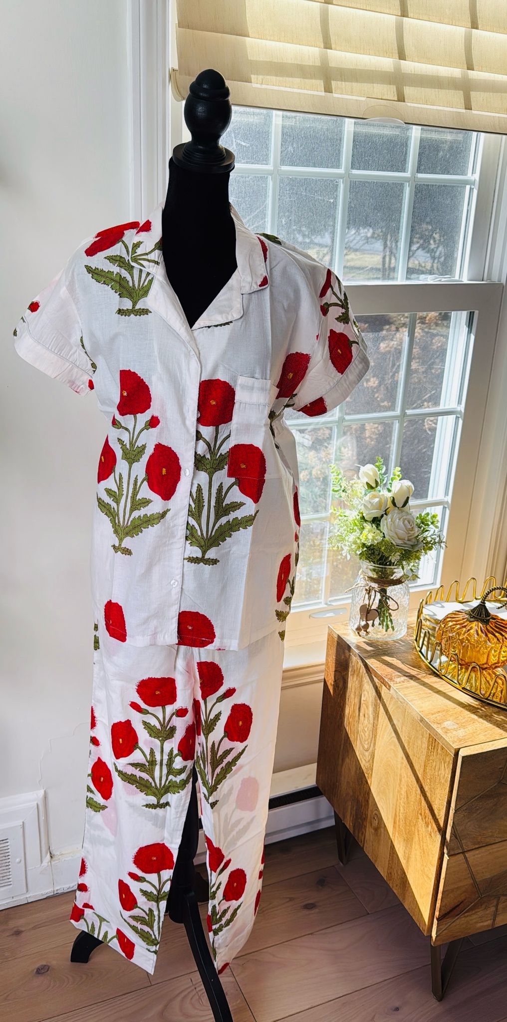 Crimson Red Poppy Floral Hand Block Print Cotton Short Sleeves Pajama Set, Lounge and Sleepwear, Holiday Pajamas Set