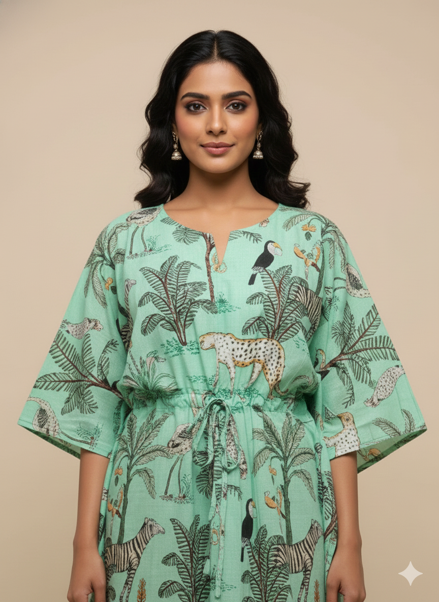Hand Block Print Cotton Kaftan - Green Jungle Safari Long Maxi Dress, Soft Loungewear
