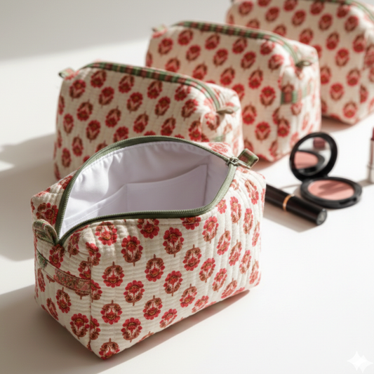 Set Of 3 Makeup Bag, Ivory Gulab Floral Block Print Cotton Storage Kit, Quilted Travel Vanity Cosmetic Bag