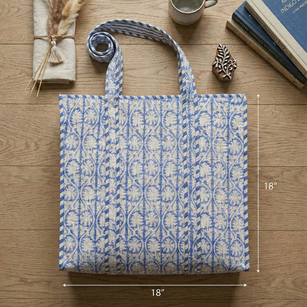 Handmade Blue Scrolling Leaf Block Print Quilted Cotton Tote Bag, Indian Boho Shoulder Bag, Baroque Travel Shopping Beach Bag