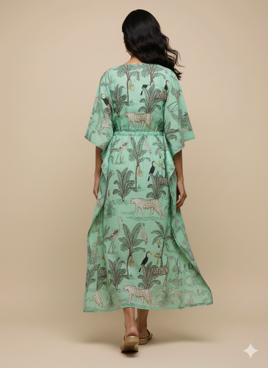 Hand Block Print Cotton Kaftan - Green Jungle Safari Long Maxi Dress, Soft Loungewear