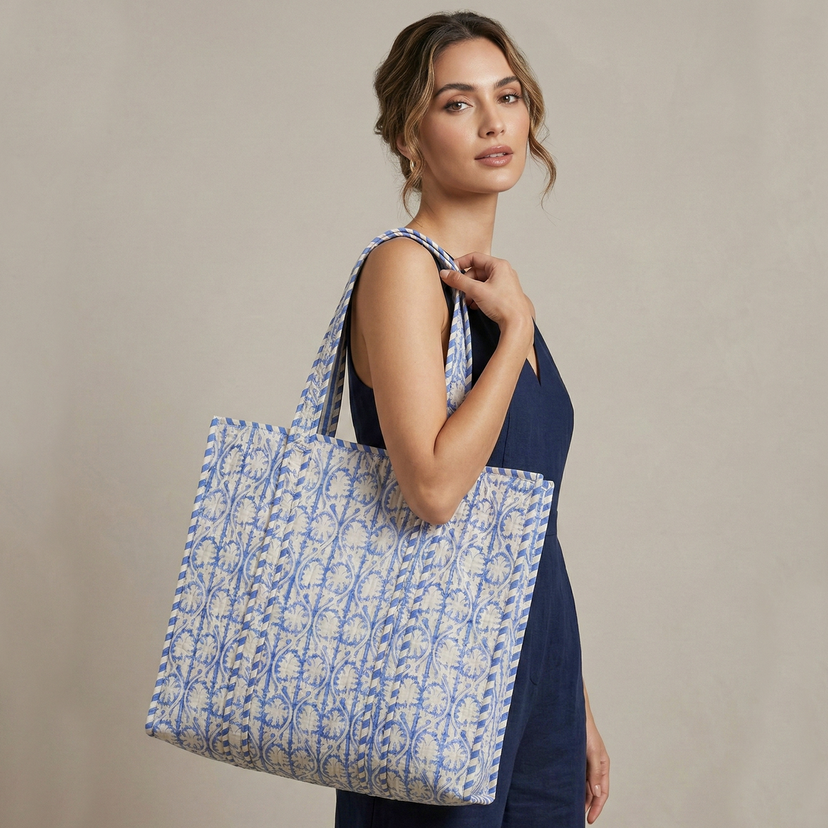 Handmade Blue Scrolling Leaf Block Print Quilted Cotton Tote Bag, Indian Boho Shoulder Bag, Baroque Travel Shopping Beach Bag