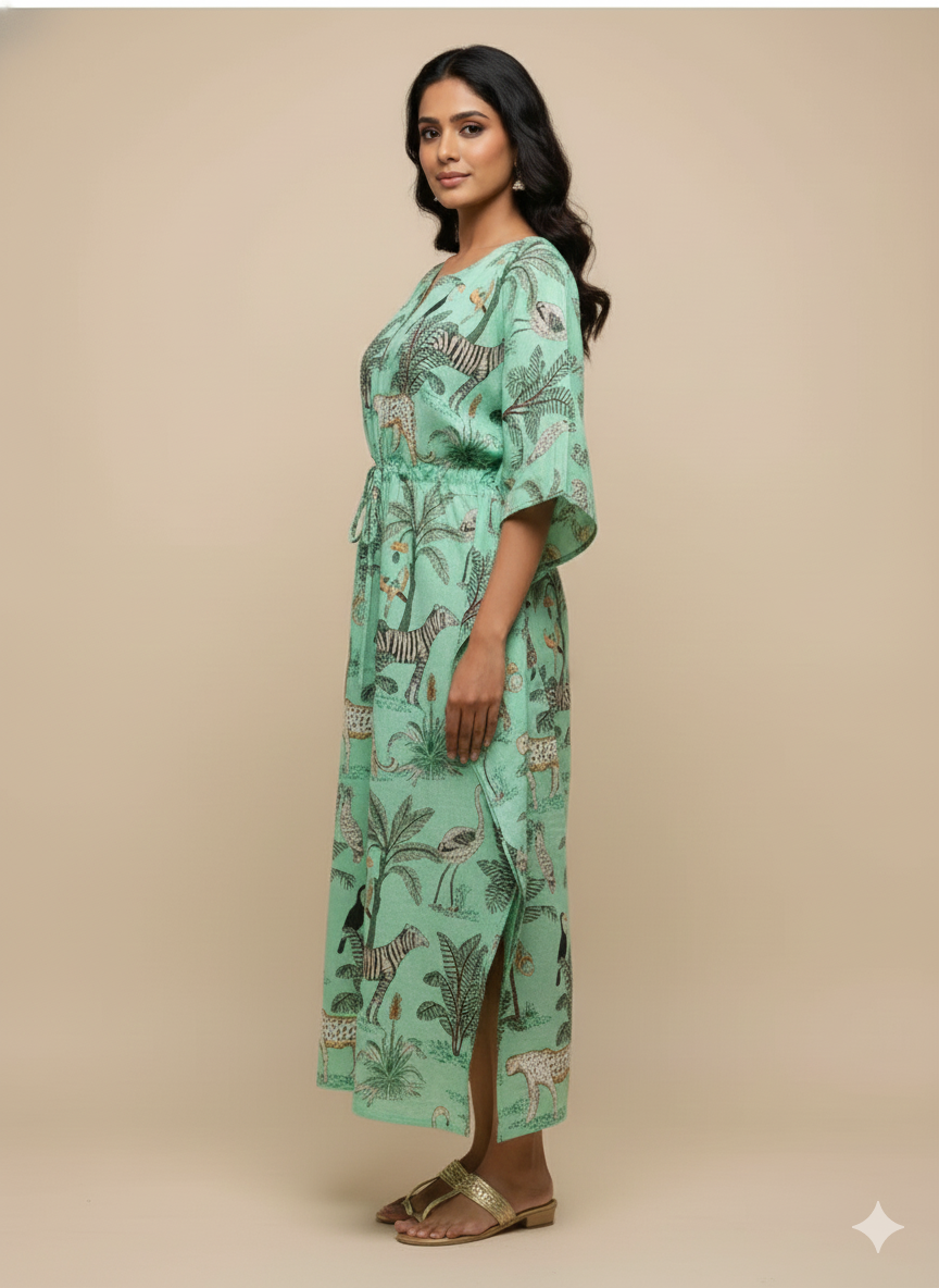 Hand Block Print Cotton Kaftan - Green Jungle Safari Long Maxi Dress, Soft Loungewear
