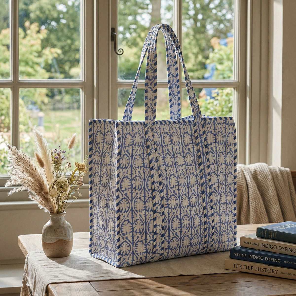 Handmade Blue Scrolling Leaf Block Print Quilted Cotton Tote Bag, Indian Boho Shoulder Bag, Baroque Travel Shopping Beach Bag