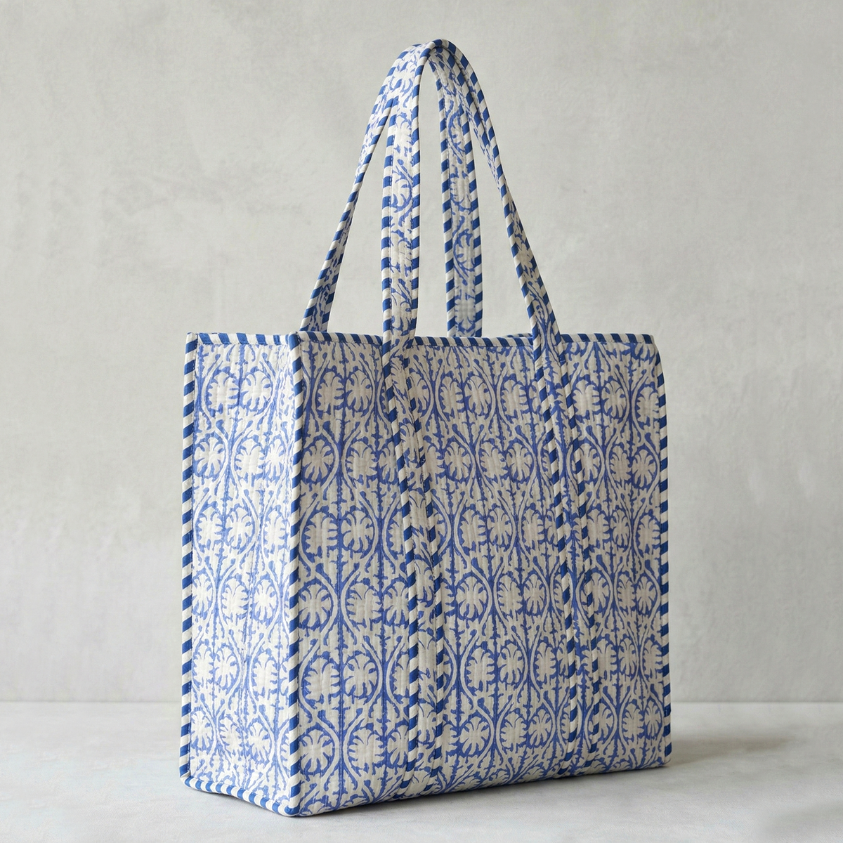 Handmade Blue Scrolling Leaf Block Print Quilted Cotton Tote Bag, Indian Boho Shoulder Bag, Baroque Travel Shopping Beach Bag