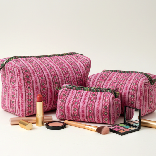 Set Of 3 Makeup Bag, Gulab Stripe Floral Block Print Cotton Travel Case, Quilted Cosmetic Storage Pouch