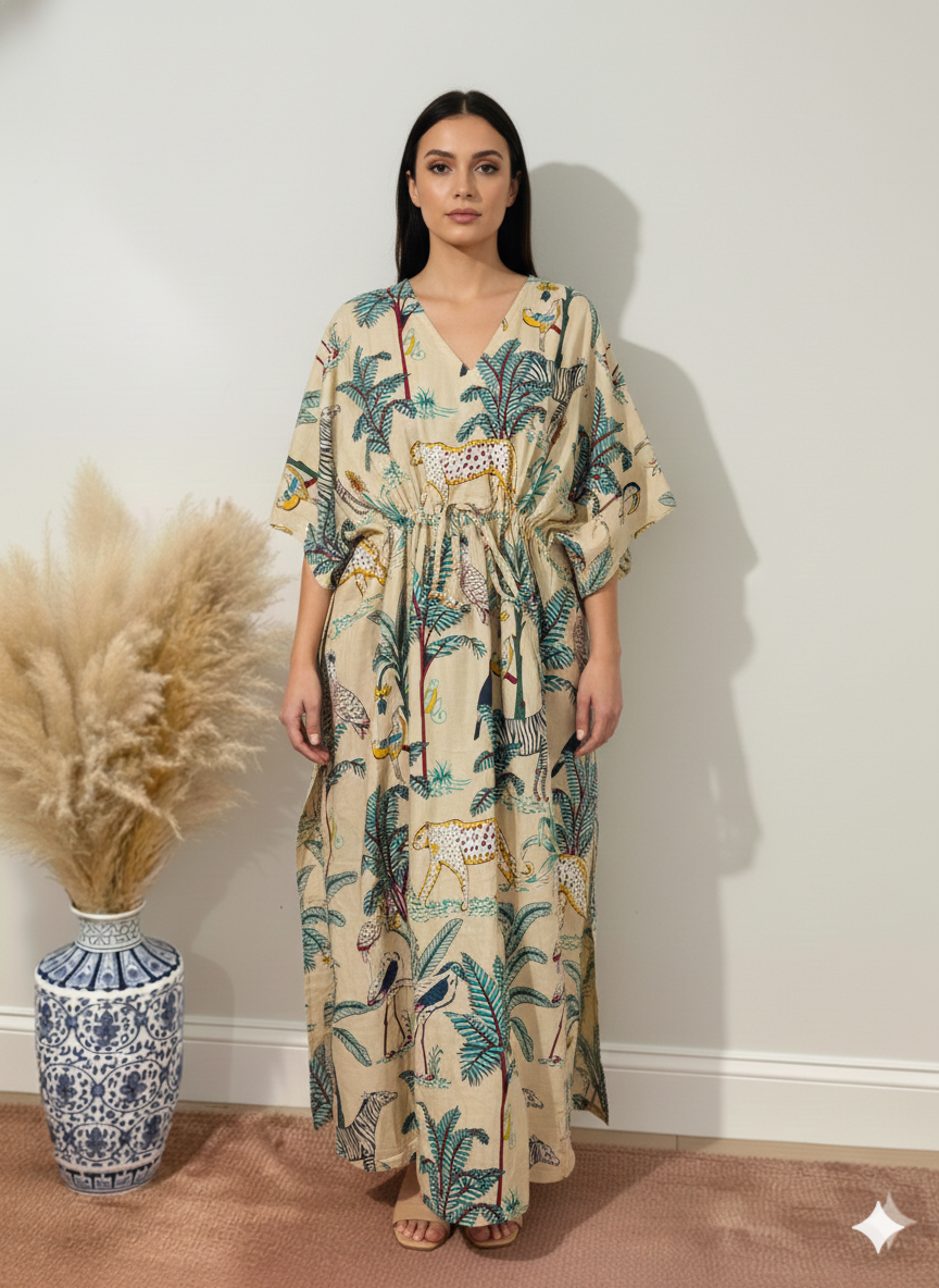 Hand Block Print Cotton Kaftan - Green Jungle Safari Long Maxi Dress, Soft Loungewear