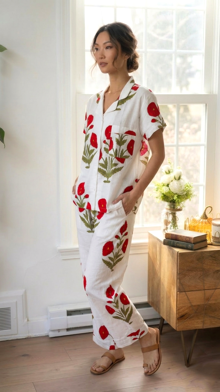 Crimson Red Poppy Floral Hand Block Print Cotton Short Sleeves Pajama Set, Lounge and Sleepwear, Holiday Pajamas Set
