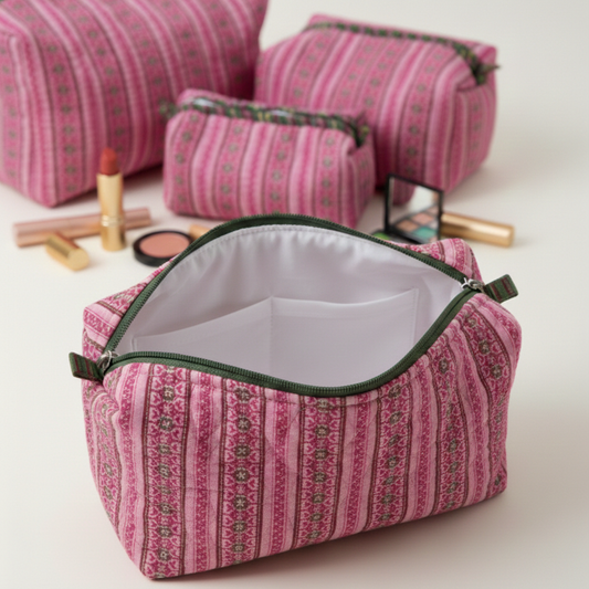 Set Of 3 Makeup Bag, Gulab Stripe Floral Block Print Cotton Travel Case, Quilted Cosmetic Storage Pouch