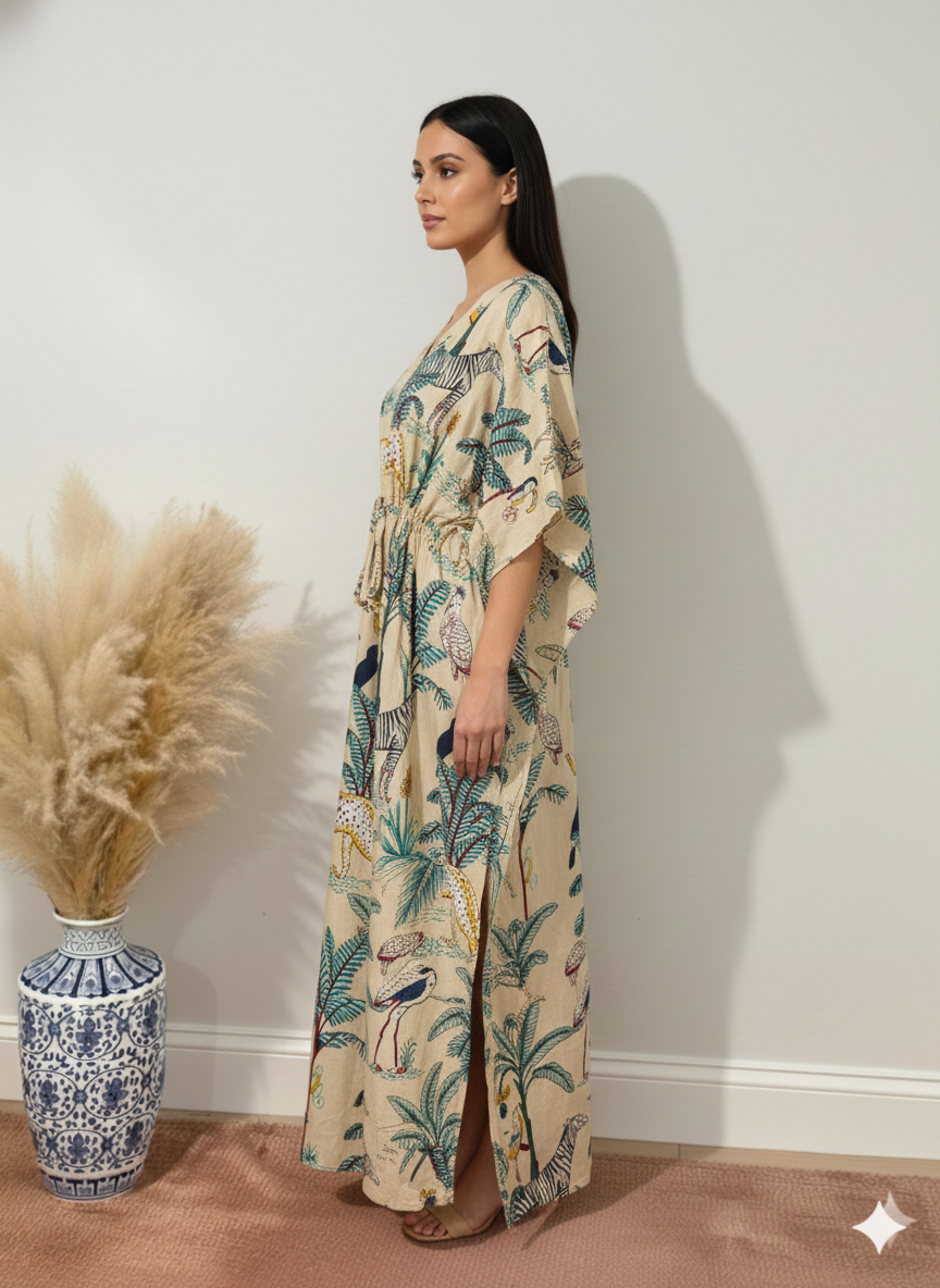 Hand Block Print Cotton Kaftan - Green Jungle Safari Long Maxi Dress, Soft Loungewear