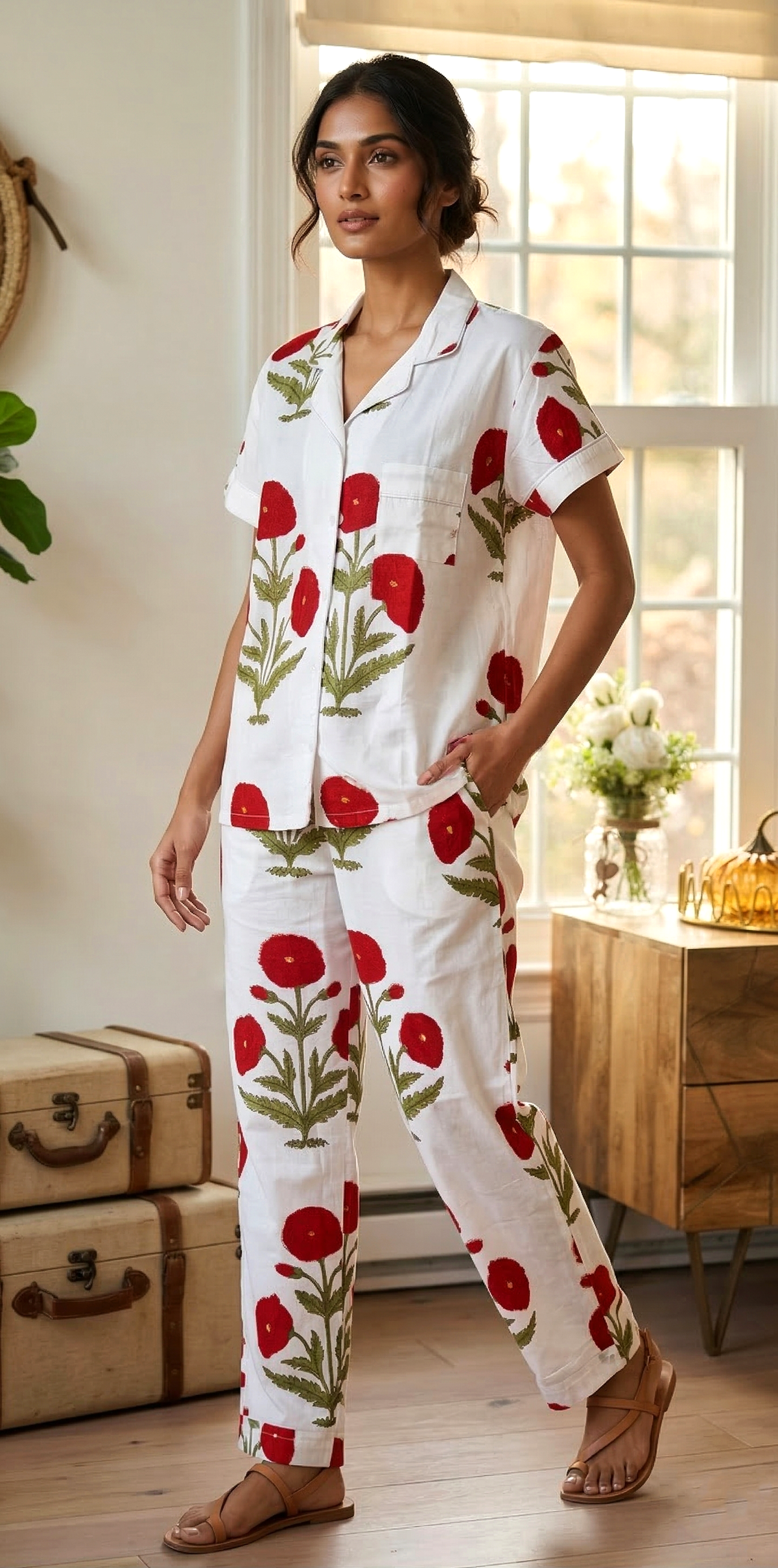 Crimson Red Poppy Floral Hand Block Print Cotton Short Sleeves Pajama Set, Lounge and Sleepwear, Holiday Pajamas Set