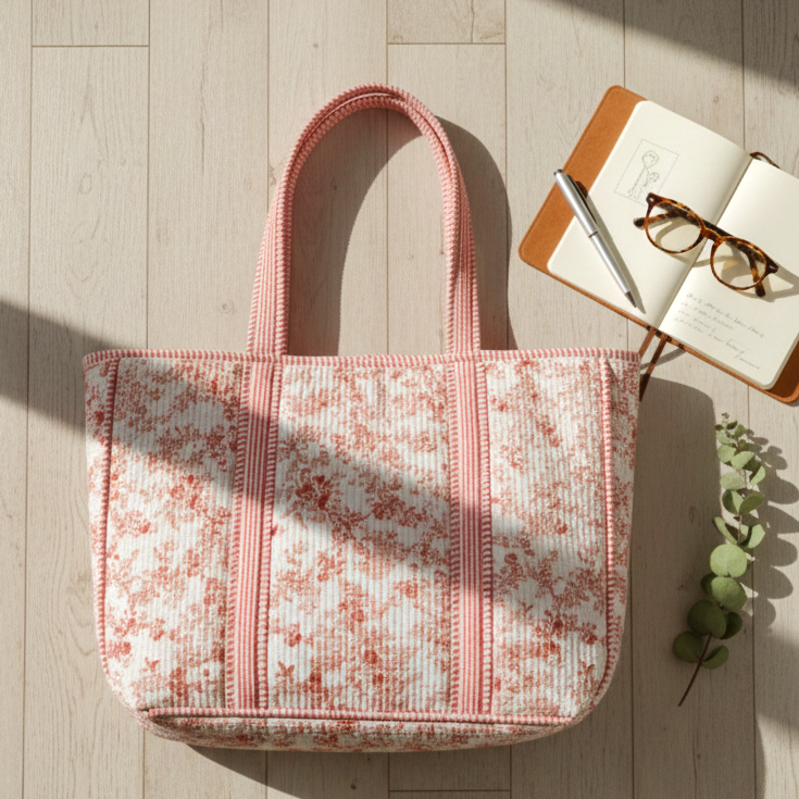 Handmade Pink Floral Block Print Quilted Cotton Tote Bag, Indian Hand Block Print Boho Shoulder Bag, Delicate Botanical Travel Shopping Beach Bag