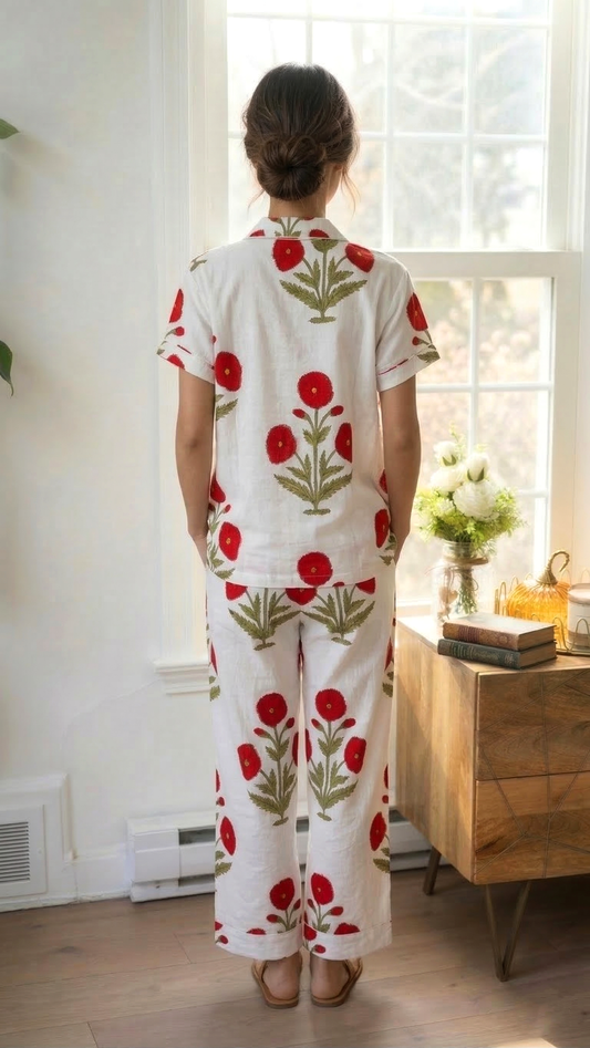Crimson Red Poppy Floral Hand Block Print Cotton Short Sleeves Pajama Set, Lounge and Sleepwear, Holiday Pajamas Set
